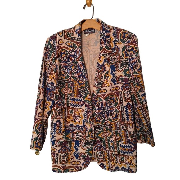 Vintage 80s/90s Earth Tones Abstract Print Lightweight Statement Blazer Size 8P - Picture 1 of 8